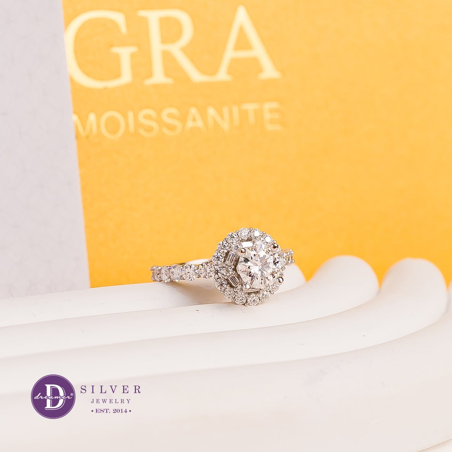 Nhẫn Bạc 950 Đá Moissanite 6.3li Kiểu Halo Baguette - Halo Moissanite Diamond Silver Ring