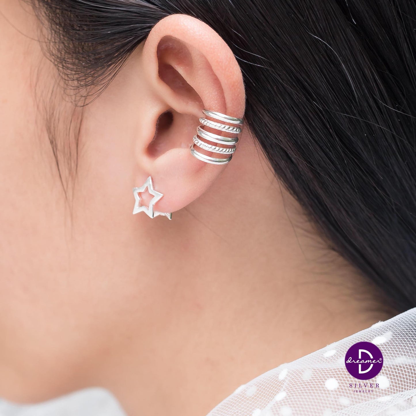 Bông Tai Khoen Ngôi Sao - Parallel Star Silver Hoops Earrings 1624BTK
