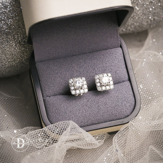 Bông Tai Bạc 950 Đá Moissanite Halo Vuông - Đá Chủ 5li - Square Halo Moissanite Premium Silver Earrings