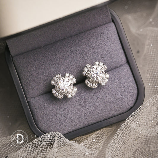 Bông Tai Bạc 950 Hoa Cánh Quạt Tròn Đá Moissanite Viên Chủ 5li - Round Flower Moissanite Earrings