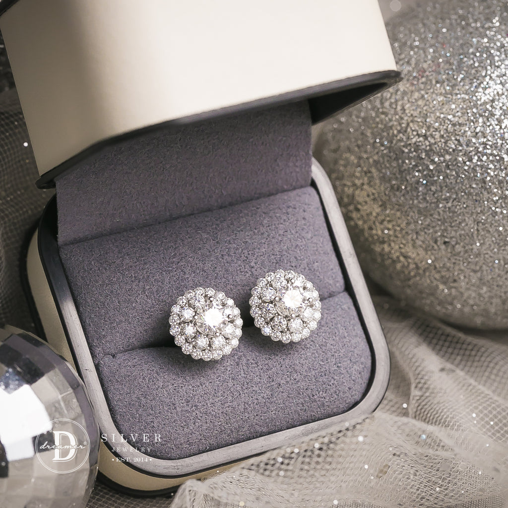 Bông Tai Bạc 950 Đá Moissanite 5li Halo Button Viền Đá Tấm - Circle Halo Moissanite Premium Silver Earrings