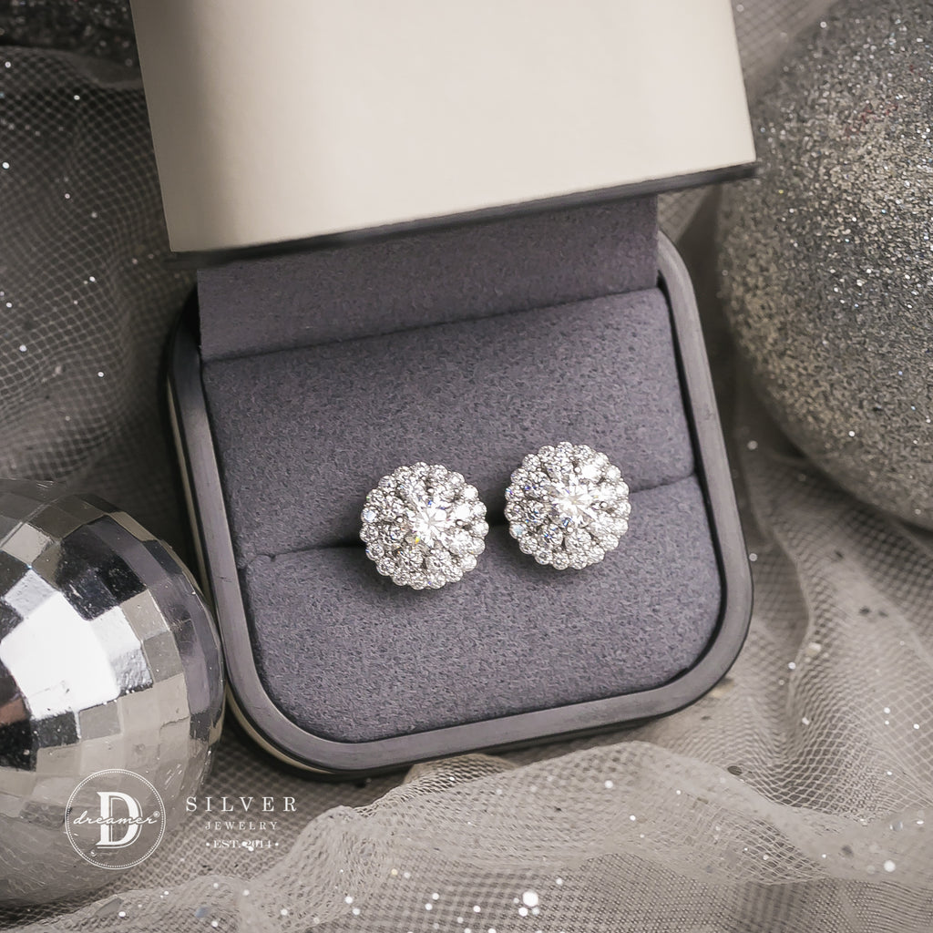 Bông Tai Bạc 950 Đá Moissanite 5li Halo Button Viền Đá Tấm - Circle Halo Moissanite Premium Silver Earrings