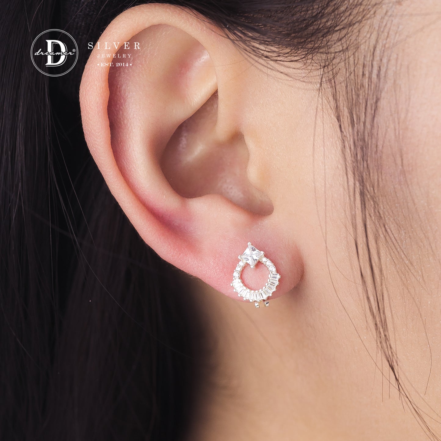 Bông Tai Khoen Gài Mặt Tròn Đính 1 Viên Đá Vuông - Halo Stone Silver Earrings