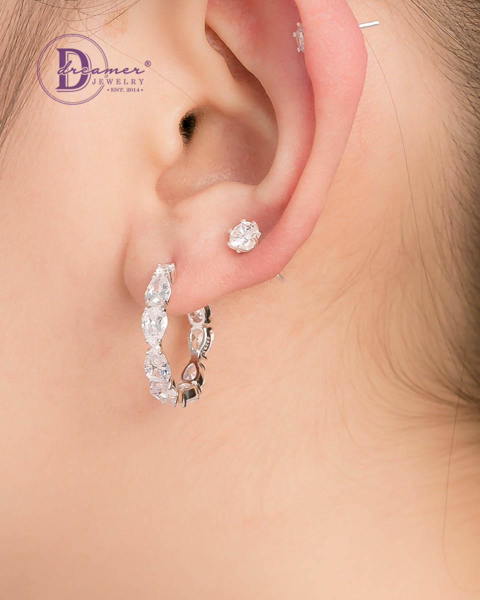 Bông Tai Khoen Premium Line Đá Giọt Nước 23mm - Pear Stone Line Silver Hoops Earrings