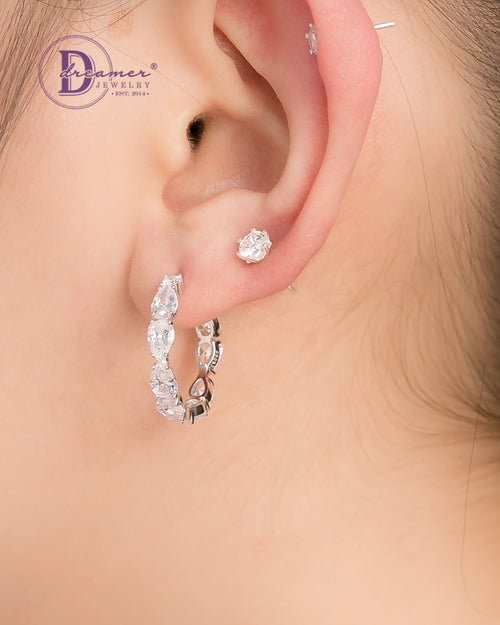 Bông Tai Khoen Premium Line Đá Giọt Nước 23mm - Pear Stone Line Silver Hoops Earrings