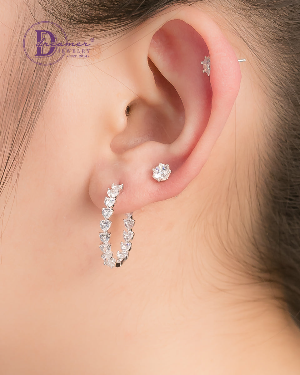 Bông Tai Khoen Premium Line Đá Trái Tim 20mm - Heart Stone Line Silver Hoops Earrings