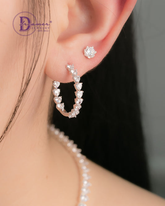 Bông Tai Khoen Premium Line Đá Trái Tim 20mm - Heart Stone Line Silver Hoops Earrings