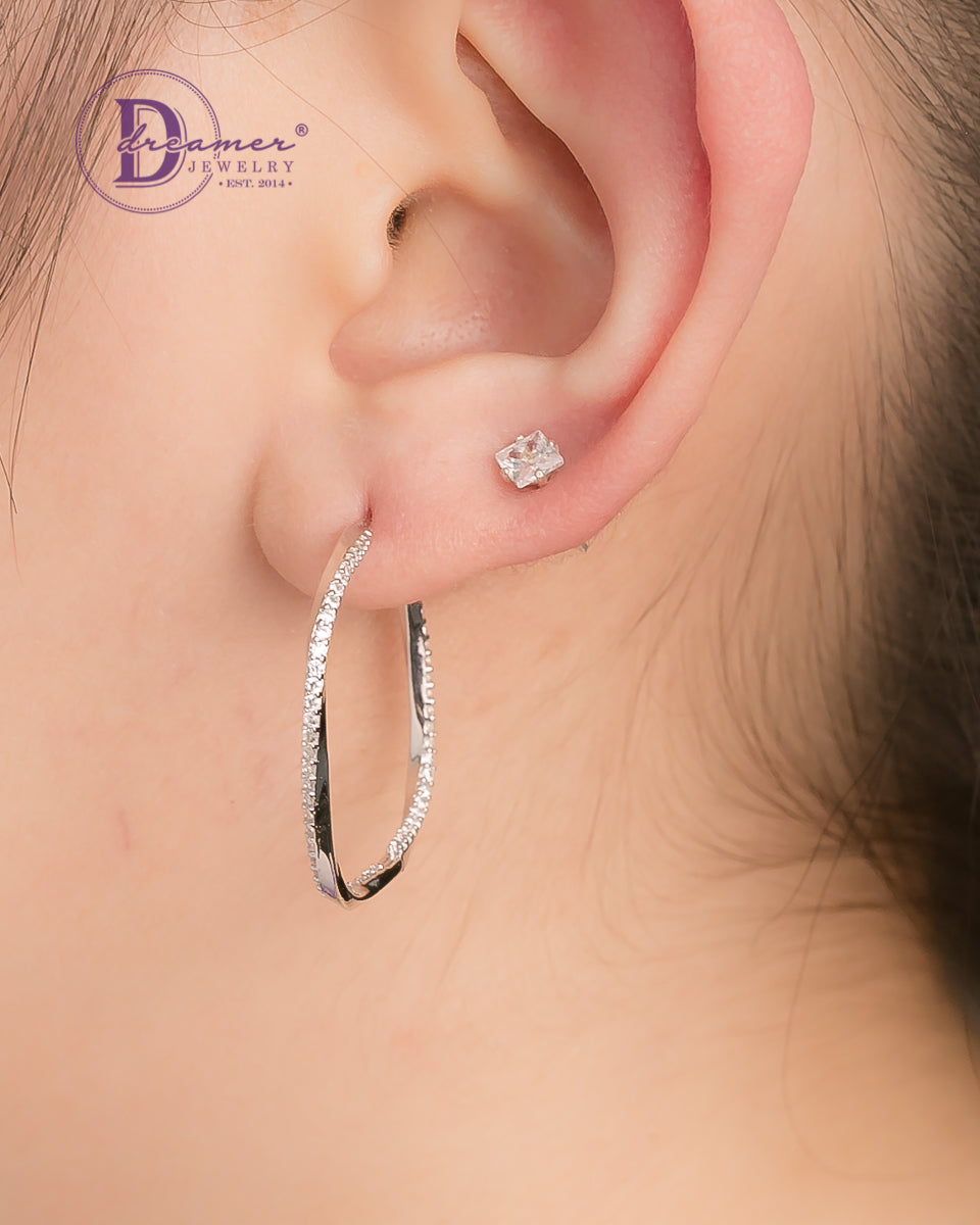 Bông Tai Khoen Premium Vuông Bản Đính Đá Xoắn Khoen Bấm 29mm - Twist Stone Line Square Silver Hoops Earrings