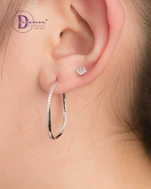 Bông Tai Khoen Premium Vuông Bản Đính Đá Xoắn Khoen Bấm 29mm - Twist Stone Line Square Silver Hoops Earrings