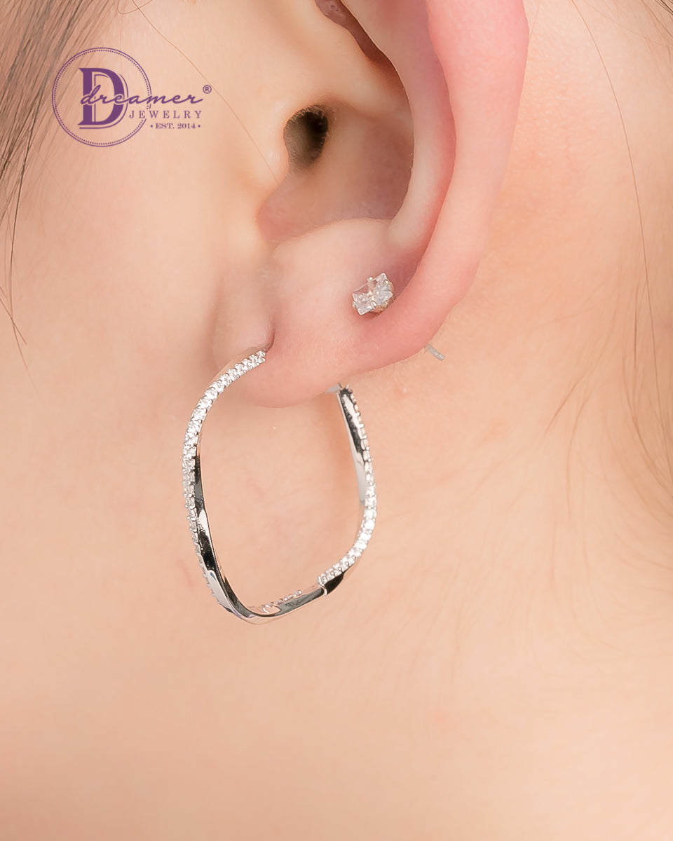 Bông Tai Khoen Premium Vuông Bản Đính Đá Xoắn Khoen Bấm 29mm - Twist Stone Line Square Silver Hoops Earrings