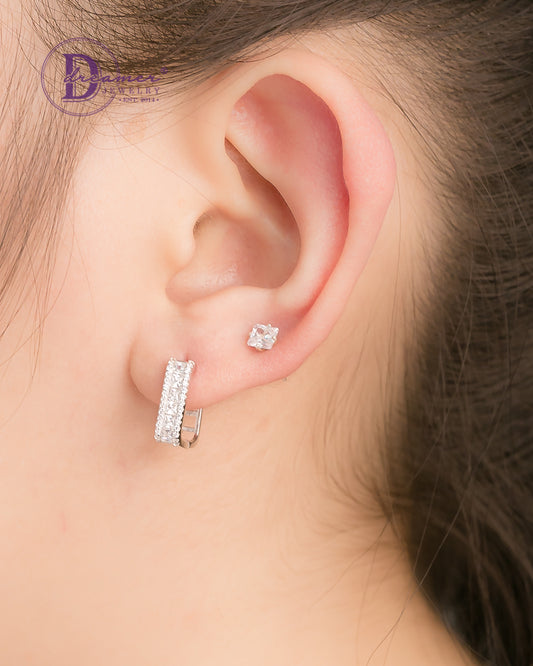 Bông Tai Khoen Premium Vuông Bản Đá Baguette & Đá CZ 13mm - Square Bagutte & CZ Band Silver Hoops Earrings