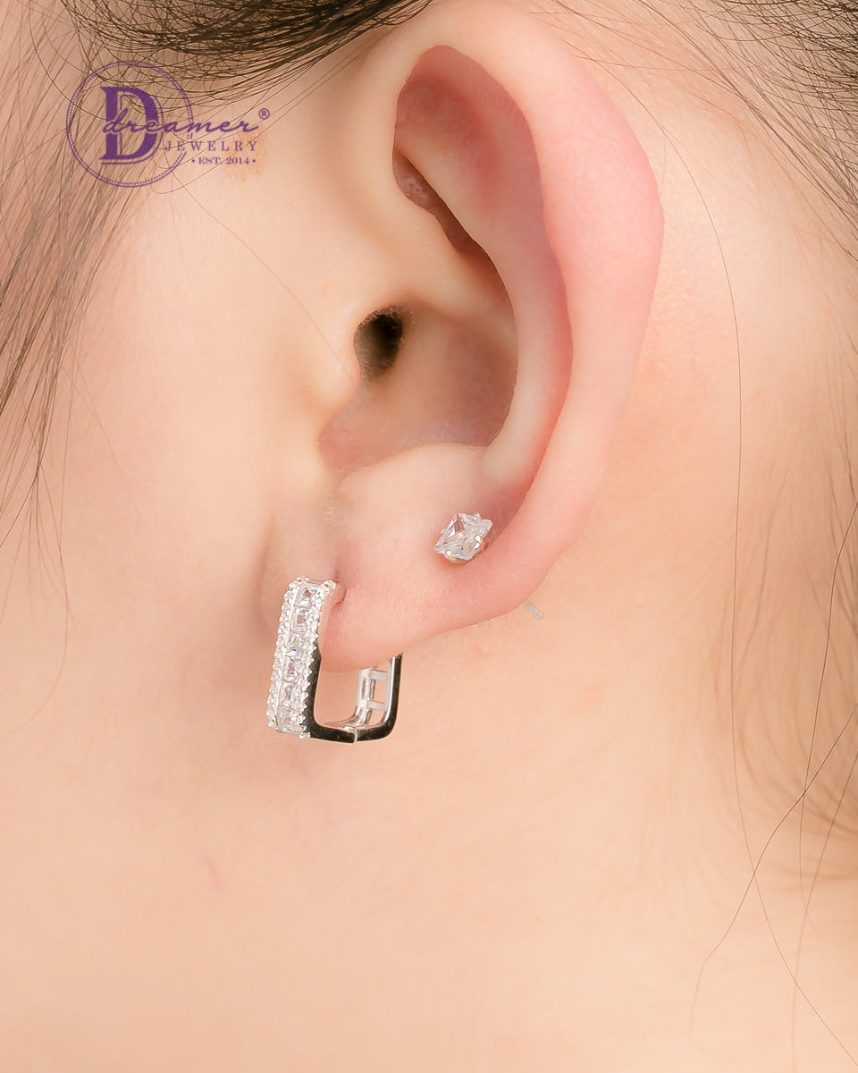 Bông Tai Khoen Premium Vuông Bản Đá Baguette & Đá CZ 13mm - Square Bagutte & CZ Band Silver Hoops Earrings