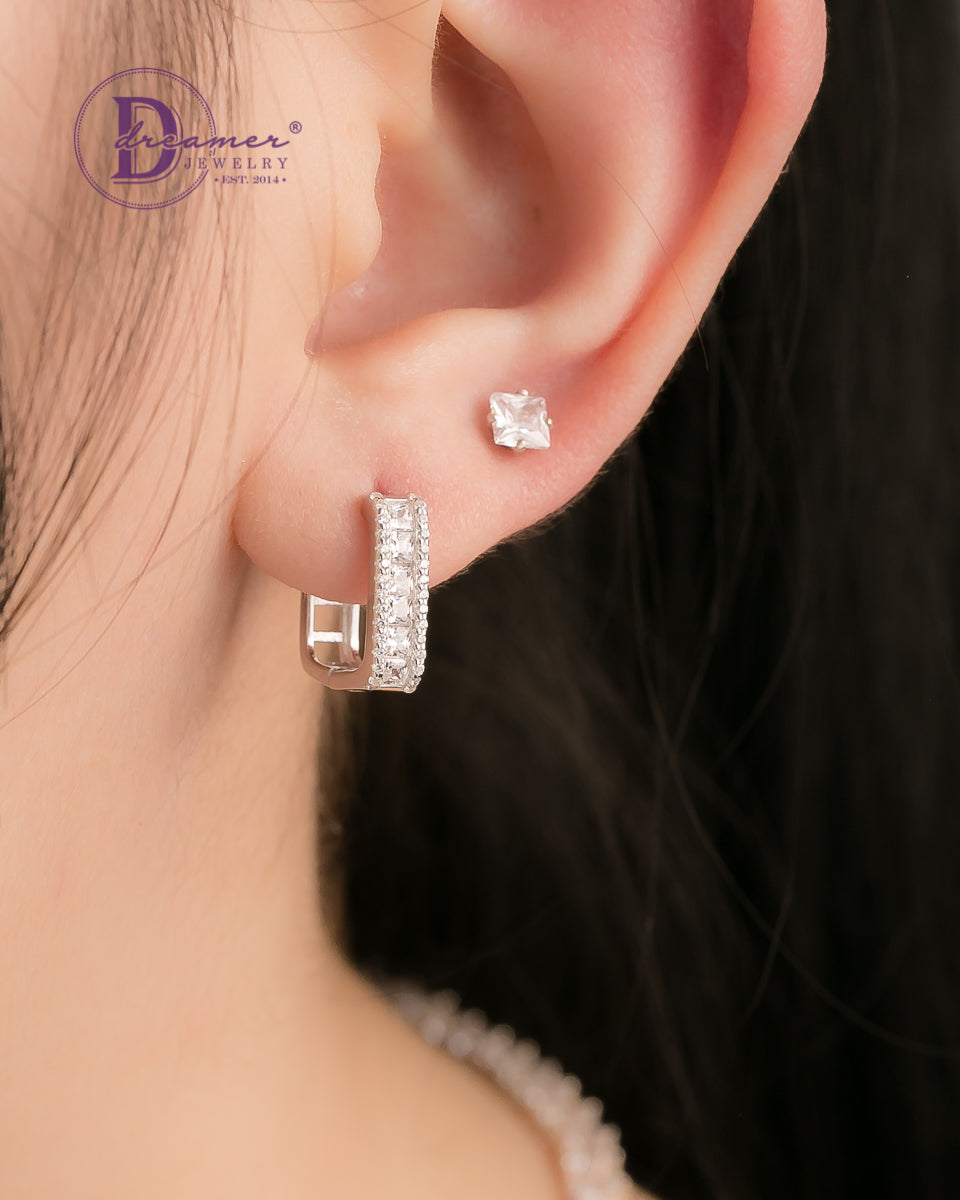 Bông Tai Khoen Premium Vuông Bản Đá Baguette & Đá CZ 13mm - Square Bagutte & CZ Band Silver Hoops Earrings