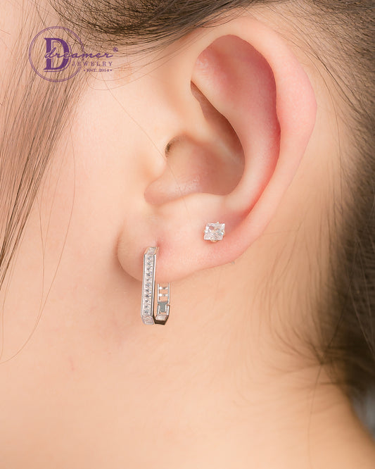 Bông Tai Khoen Premium Chữ Nhật Đá Baguette 15mm - Baguette Rectangle Silver Hoops Earrings