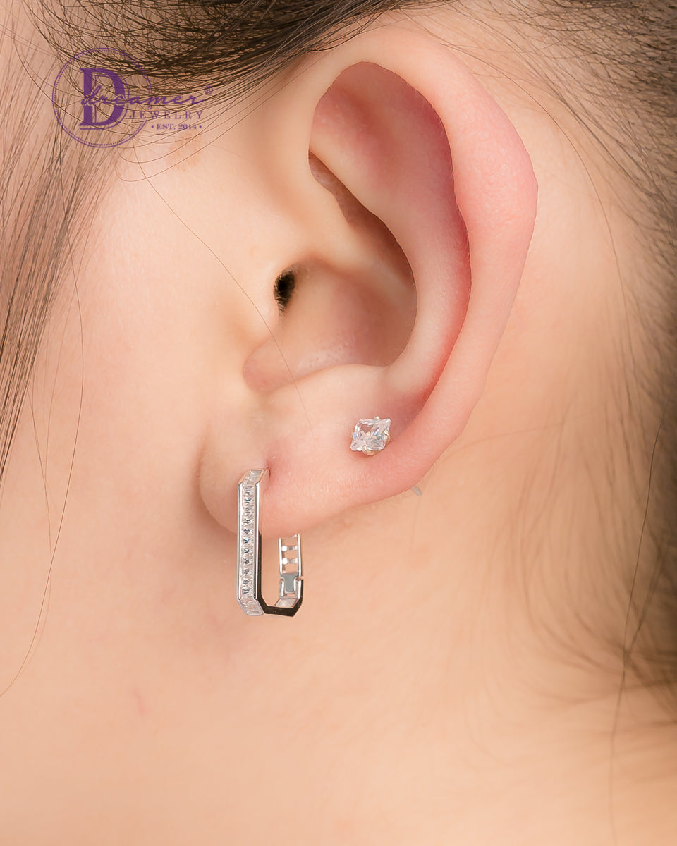 Bông Tai Khoen Premium Chữ Nhật Đá Baguette 15mm - Baguette Rectangle Silver Hoops Earrings