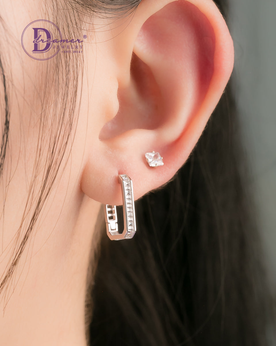 Bông Tai Khoen Premium Chữ Nhật Đá Baguette 15mm - Baguette Rectangle Silver Hoops Earrings