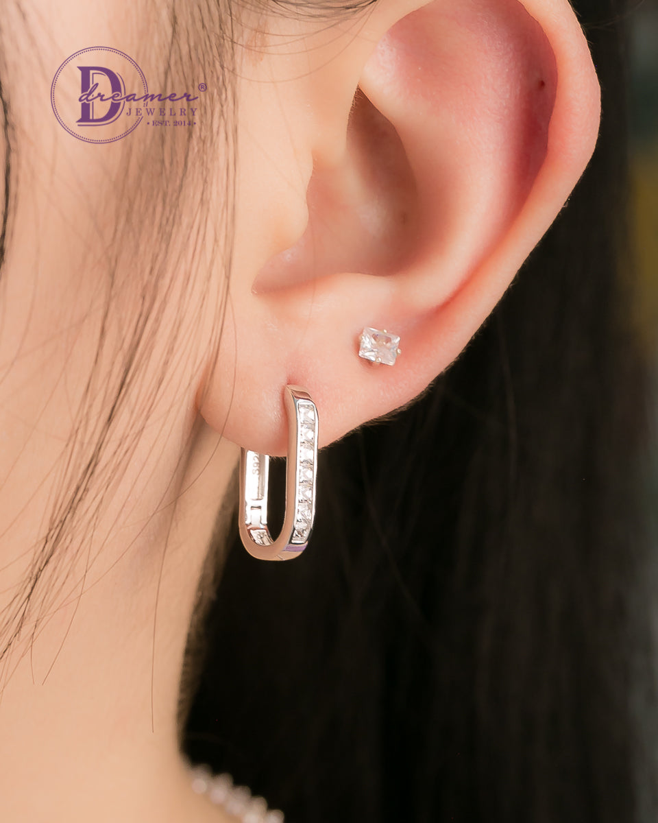 Bông Tai Khoen Premium Chữ Nhật Bo Tròn Đá Baguette 19mm - Baguette Rectangle Silver Hoops Earrings