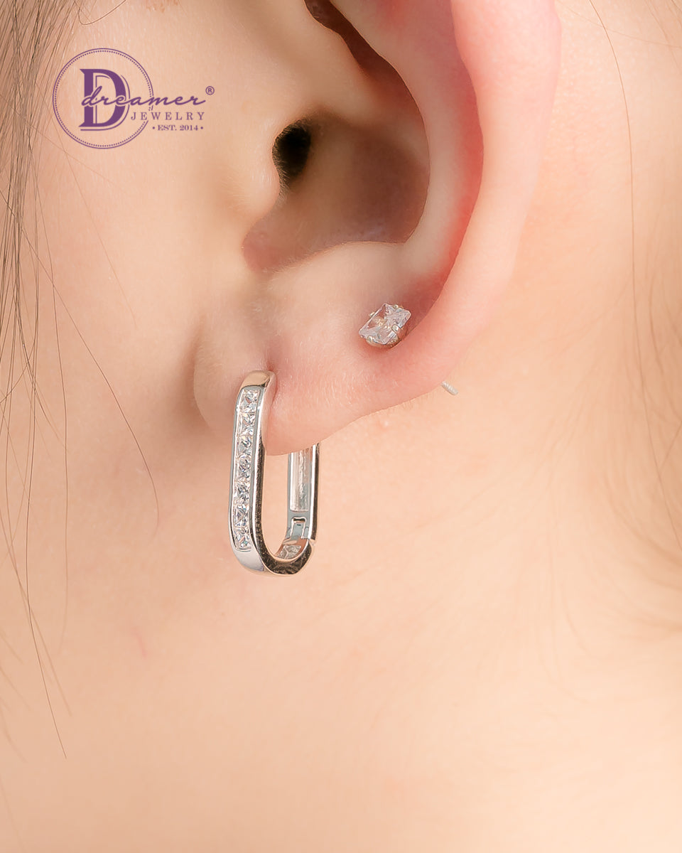 Bông Tai Khoen Premium Chữ Nhật Bo Tròn Đá Baguette 19mm - Baguette Rectangle Silver Hoops Earrings