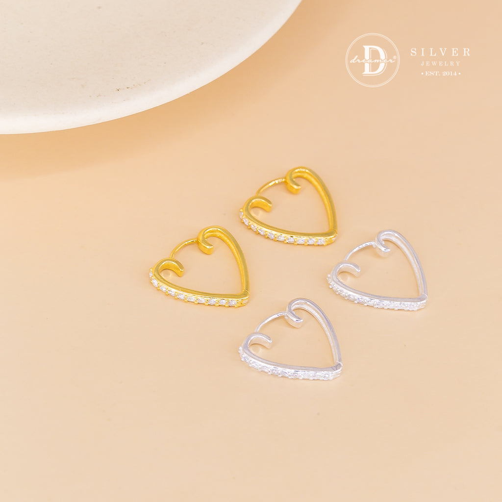 Bông Tai Khoen Trái Tim Đính Đá - Heart Hoops Sterling Silver 3052BTK