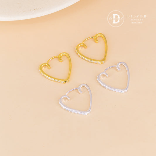 Bông Tai Khoen Trái Tim Đính Đá - Heart Hoops Sterling Silver 3052BTK
