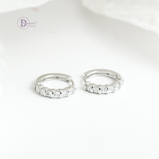 Bông Tai Khoen Tròn Đính 6 Viên Đá Bạc 925 Xi Vàng Trắng - Hoops Sterling Silver
