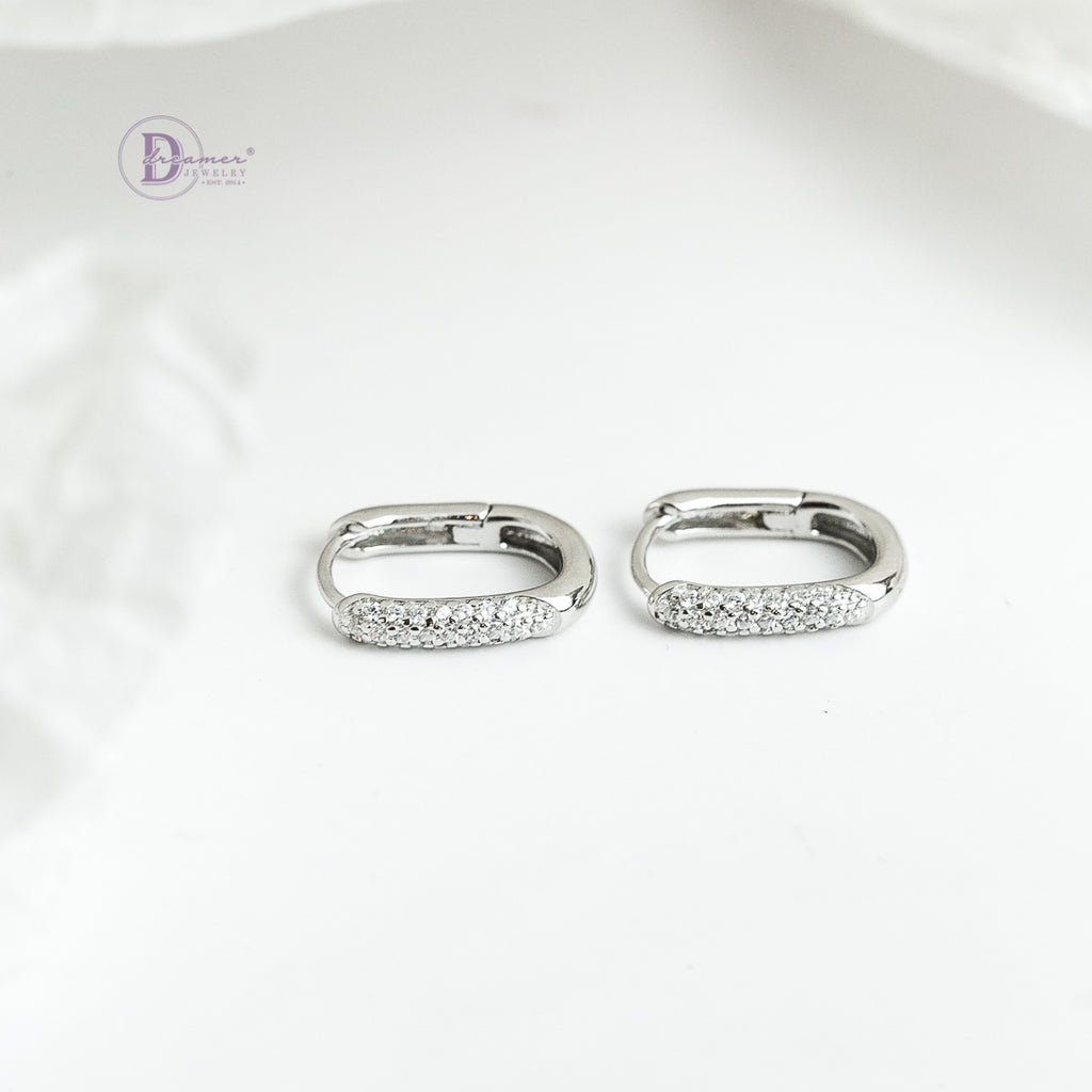 Bông Tai Khoen Oval Đính Đá Bạc 925 Xi Vàng Trắng - Oval Hoops Sterling Silver DBT003
