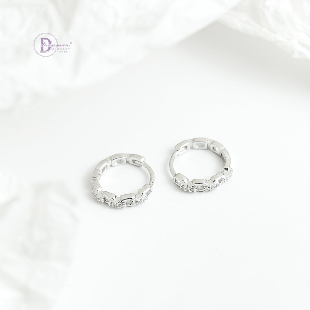Bông Tai Khoen Xích Đính Đá Bạc 925 Xi Vàng Trắng - Hoops Sterling Silver DBT008