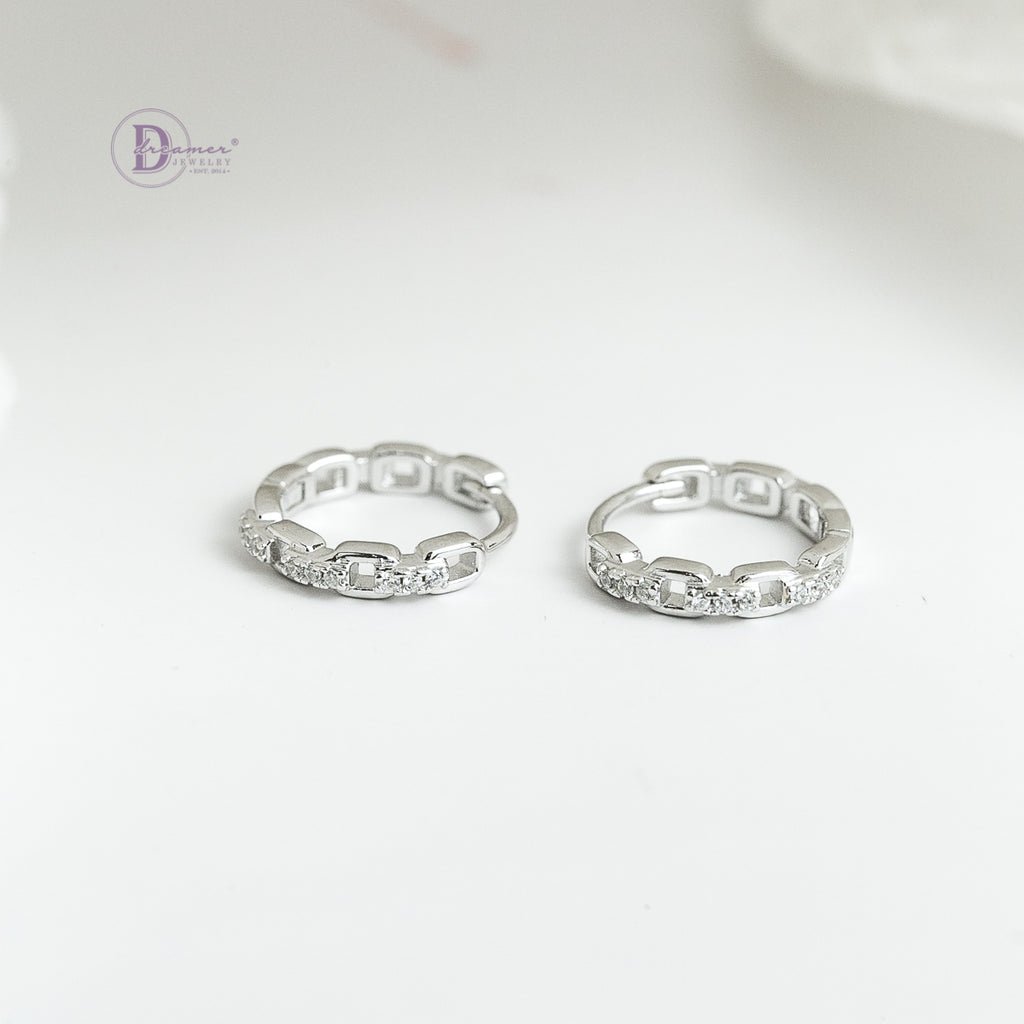 Bông Tai Khoen Xích Đính Đá Bạc 925 Xi Vàng Trắng - Hoops Sterling Silver DBT008