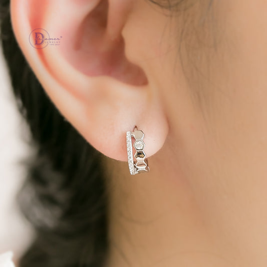 Bông Tai Khoen Tròn Bản Dày Chi Tiết Tổ Ong Bạc 925 Xi Vàng Trắng - Hoops Sterling Silver