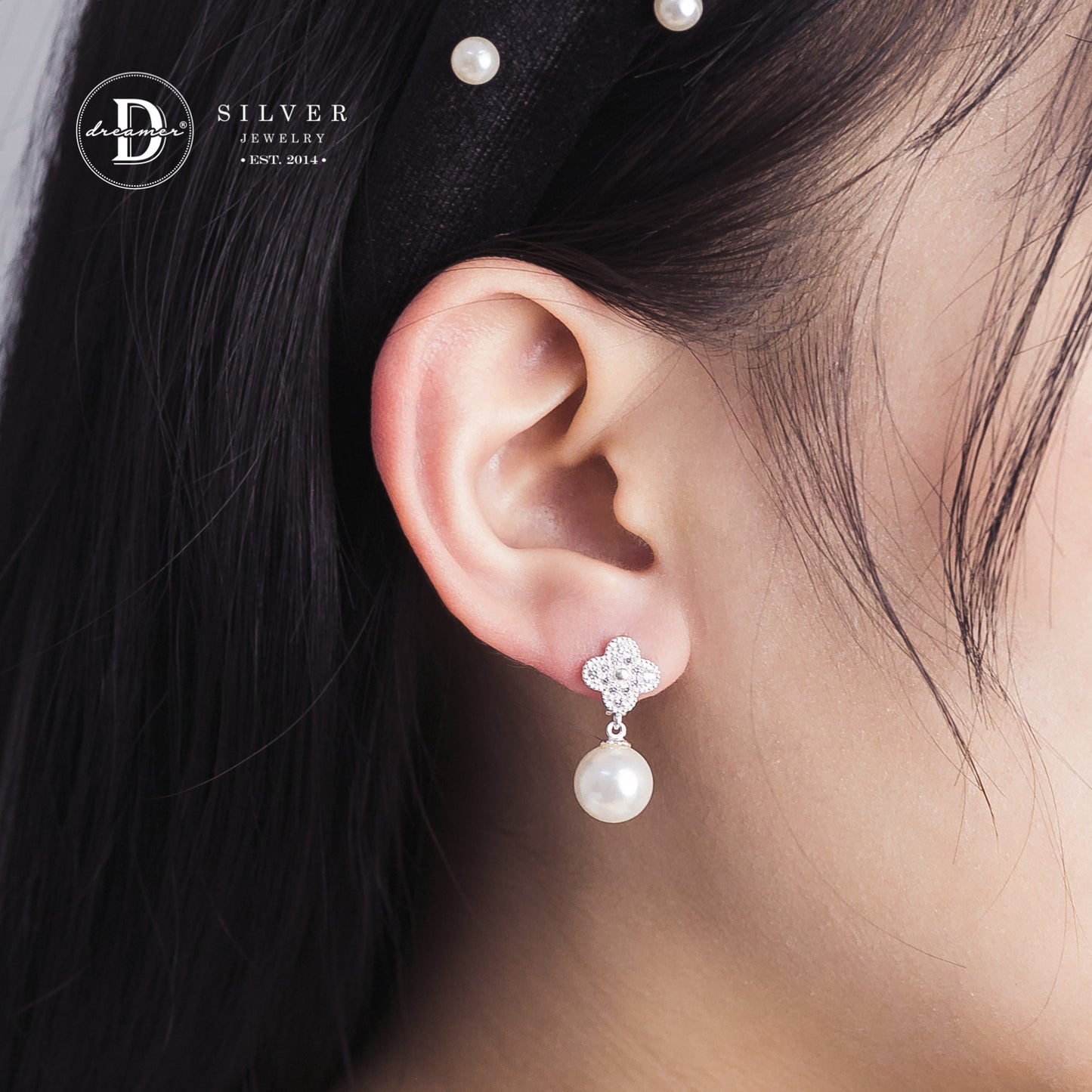 Bông Tai Premium Khoen Gài Ngọc Trai Tòn Ten & Cỏ 4 Lá - Pearl Silver Earrings