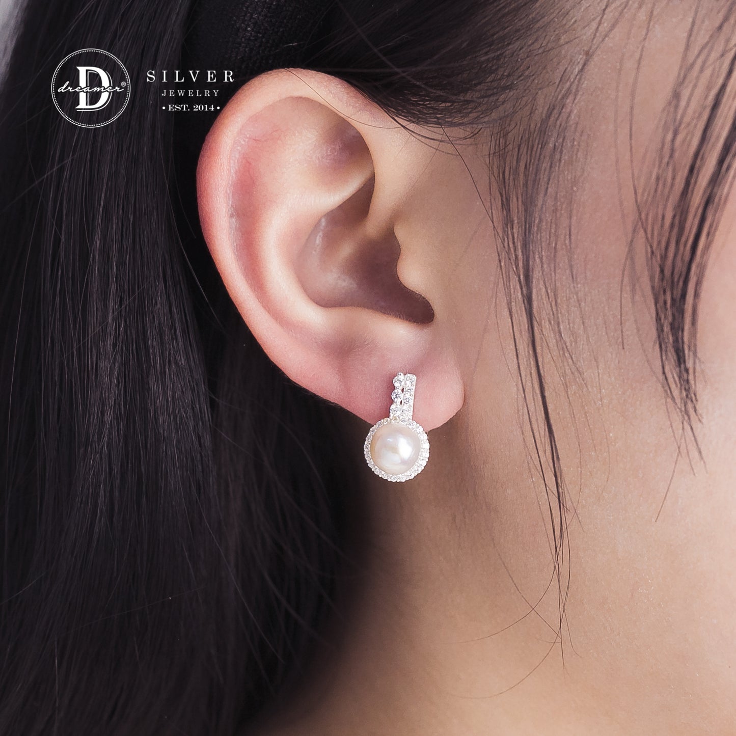 Bông Tai Khoen Gài Premium Ngọc Trai Nuôi 8li Kiểu Halo Khoen 2 Line Đá - Silver Earrings