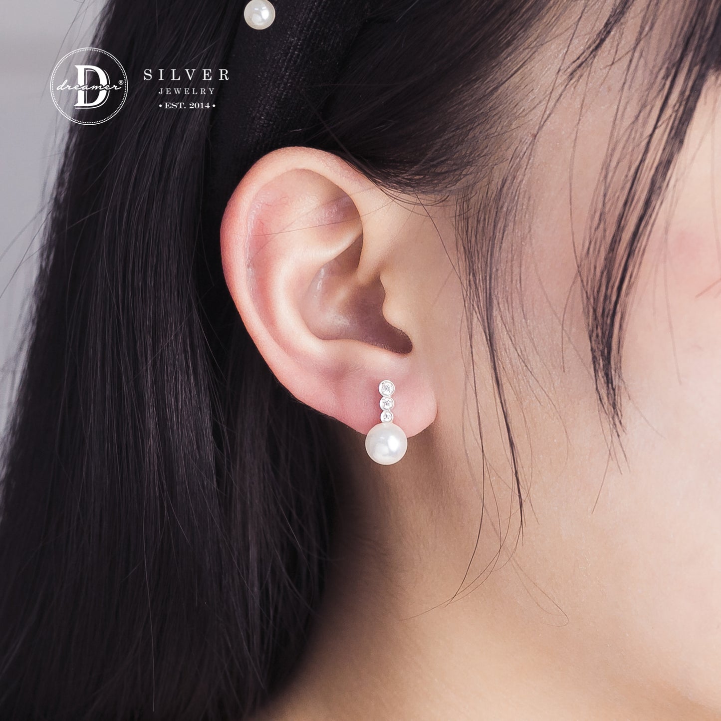 Bông Tai Ngọc Trai & 3 Viên Đá Đứng - Pearl Silver Earrings