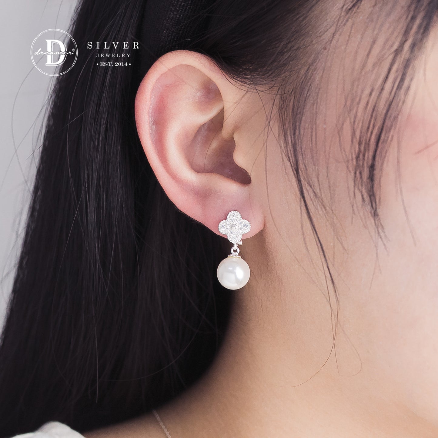 Bông Tai Premium Khoen Gài Ngọc Trai Tòn Ten & Cỏ 4 Lá - Pearl Silver Earrings