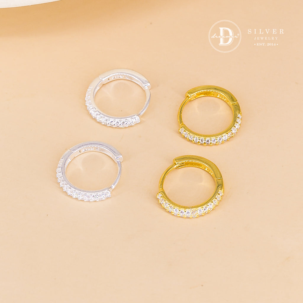 Bông Tai Khoen Bản Mo Đính Đá 1/2 - Line Stone Silver Hoops Earrings 3254BTK