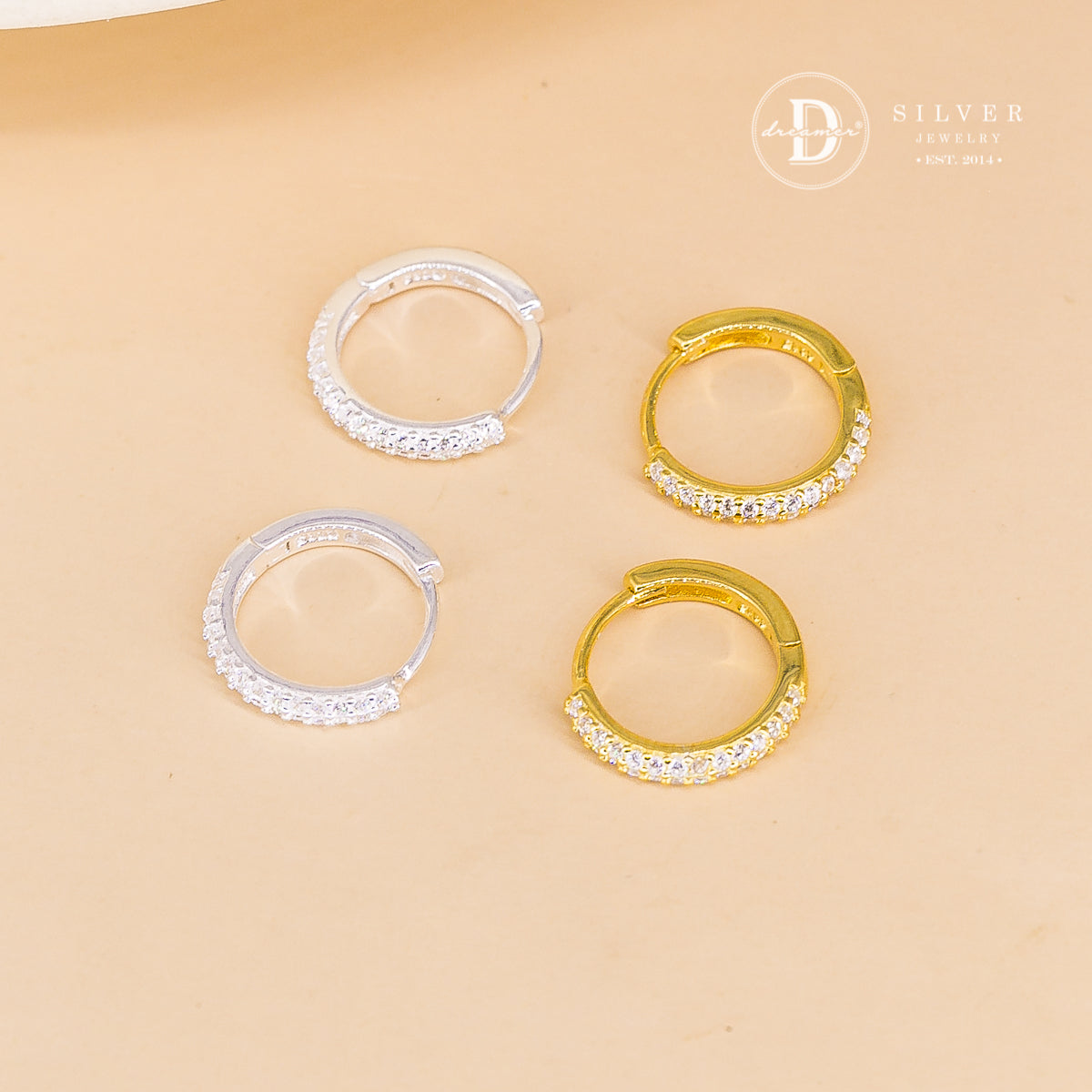 Bông Tai Khoen Bản Mo Đính Đá 1/2 - Line Stone Silver Hoops Earrings 3254BTK