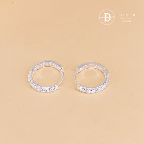 Bông Tai Khoen Bản Mo Đính Đá 1/2 - Line Stone Silver Hoops Earrings 3254BTK