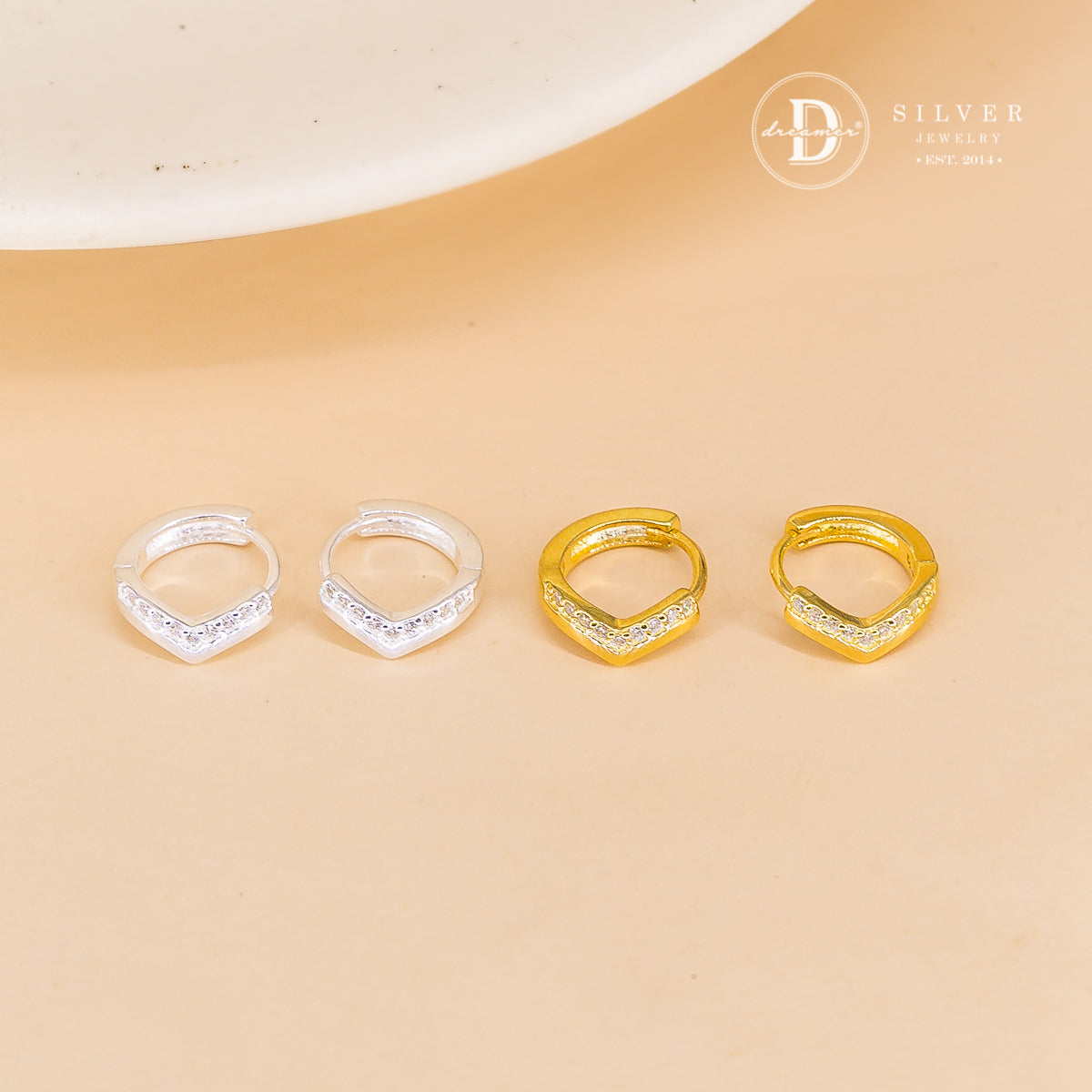 Bông Tai Khoen Tròn Đính Đá Size 10mm- V Curve Line Silver Hoops Earrings 3155BTK