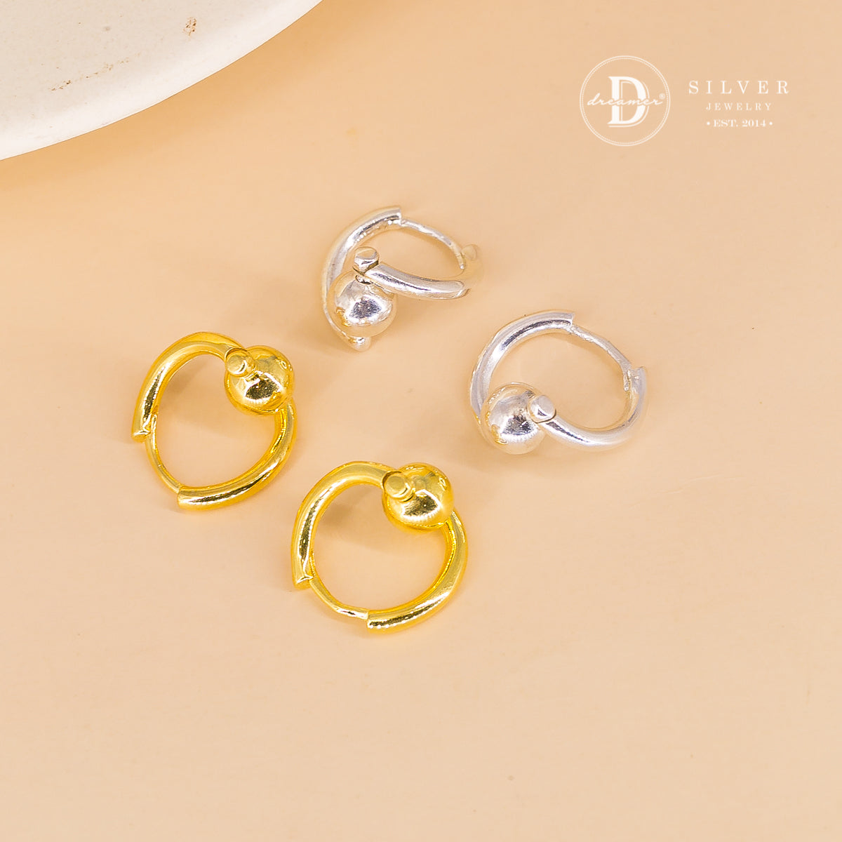 Bông Tai Khoen Unisex Cá Tính 1 Viên Bi Bạc - Spinning Silver Ball Unisex Thick Silver Hoops Earrings 3054BTK