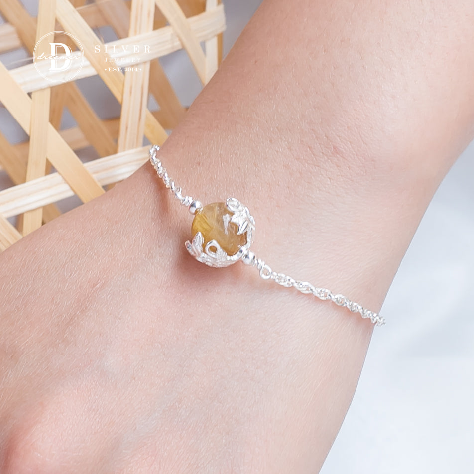 Lắc Tay Bạc 925 Đá Thạch Anh Tóc Vàng 11li Khung Bạc Hoa Lá - Gemstone Sterling Silver Bracelet