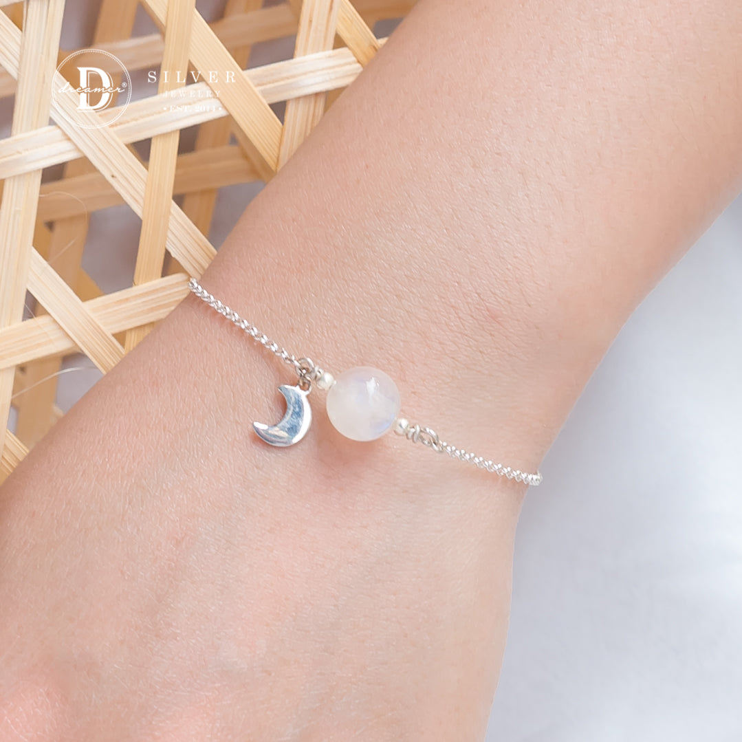 Lắc Tay Bạc 925 Đá Moonstone Kèm Chuông - Moonstone Gemstone Sterling Silver Bracelet