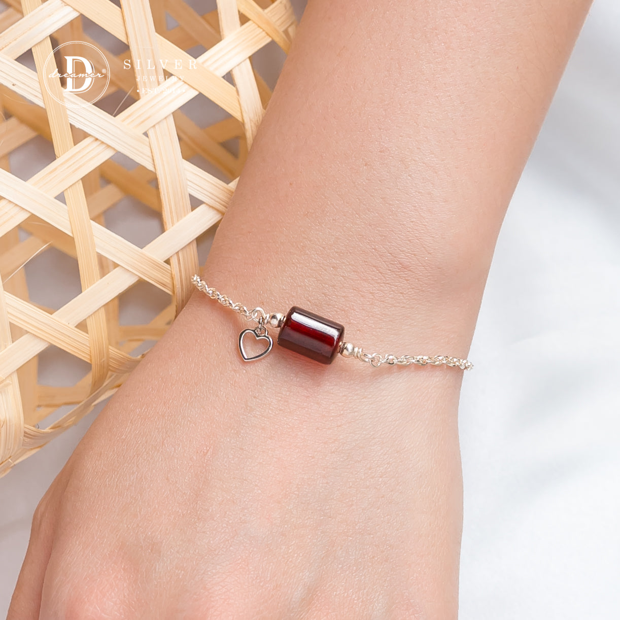 Lắc Tay Bạc 925 Lu Thống Đá Garnet Đỏ & Charm Trái Tim - Gemstone Sterling Silver Bracelet