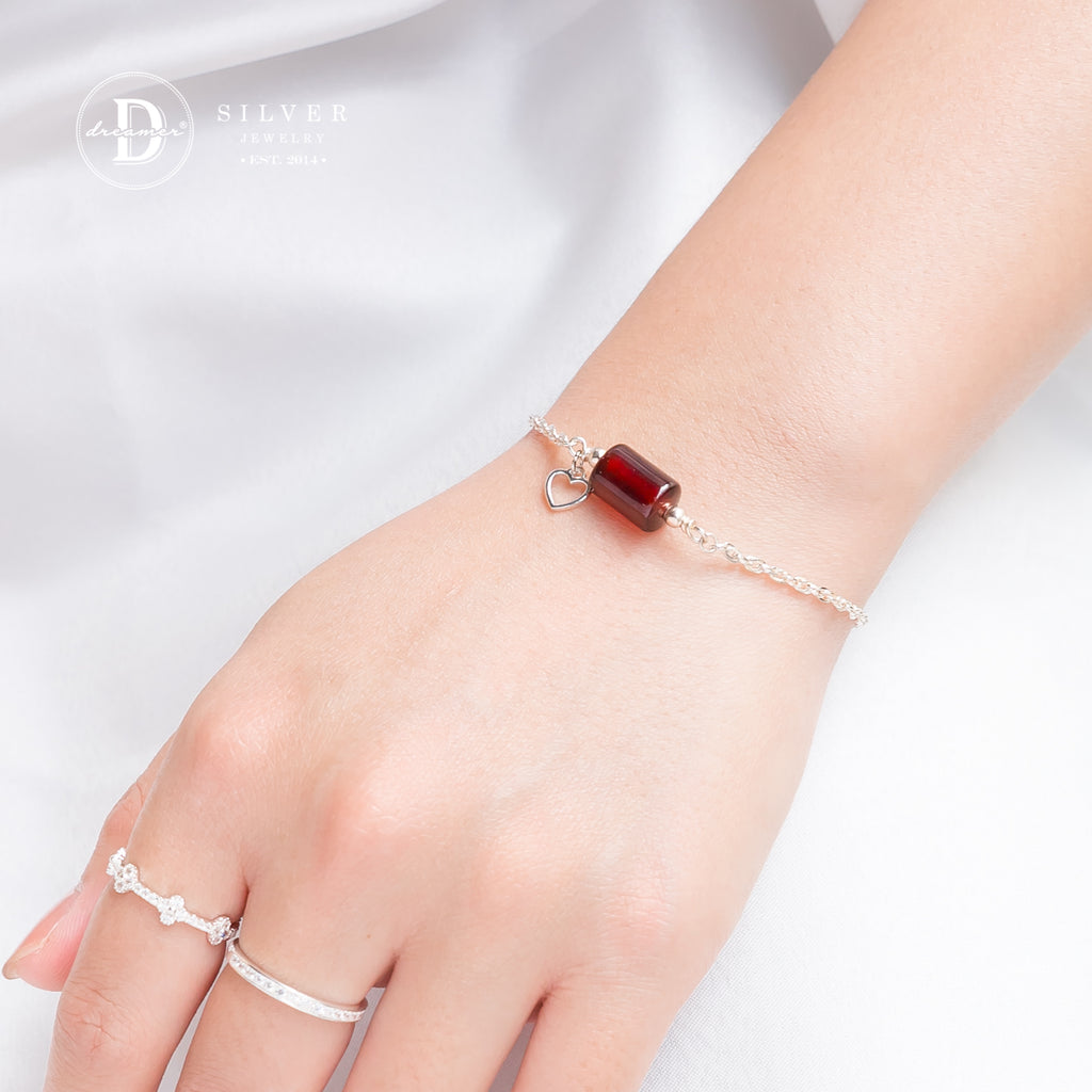 Lắc Tay Bạc 925 Lu Thống Đá Garnet Đỏ & Charm Trái Tim - Gemstone Sterling Silver Bracelet