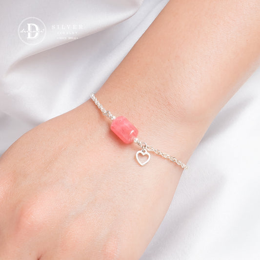 Lắc Tay Bạc 925 Lu Thống Đá Đào Hoa & Charm Trái Tim - Rhodochrosite Gemstone Sterling Silver Bracelet