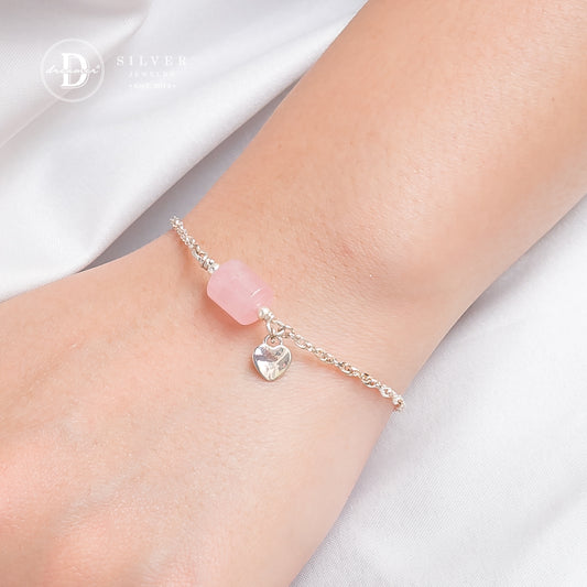 Lắc Tay Bạc 925 Lu Thống Đá Thạch Anh Hồng & Charm Trái Tim - Rose Quartz Gemstone Sterling Silver Bracelet