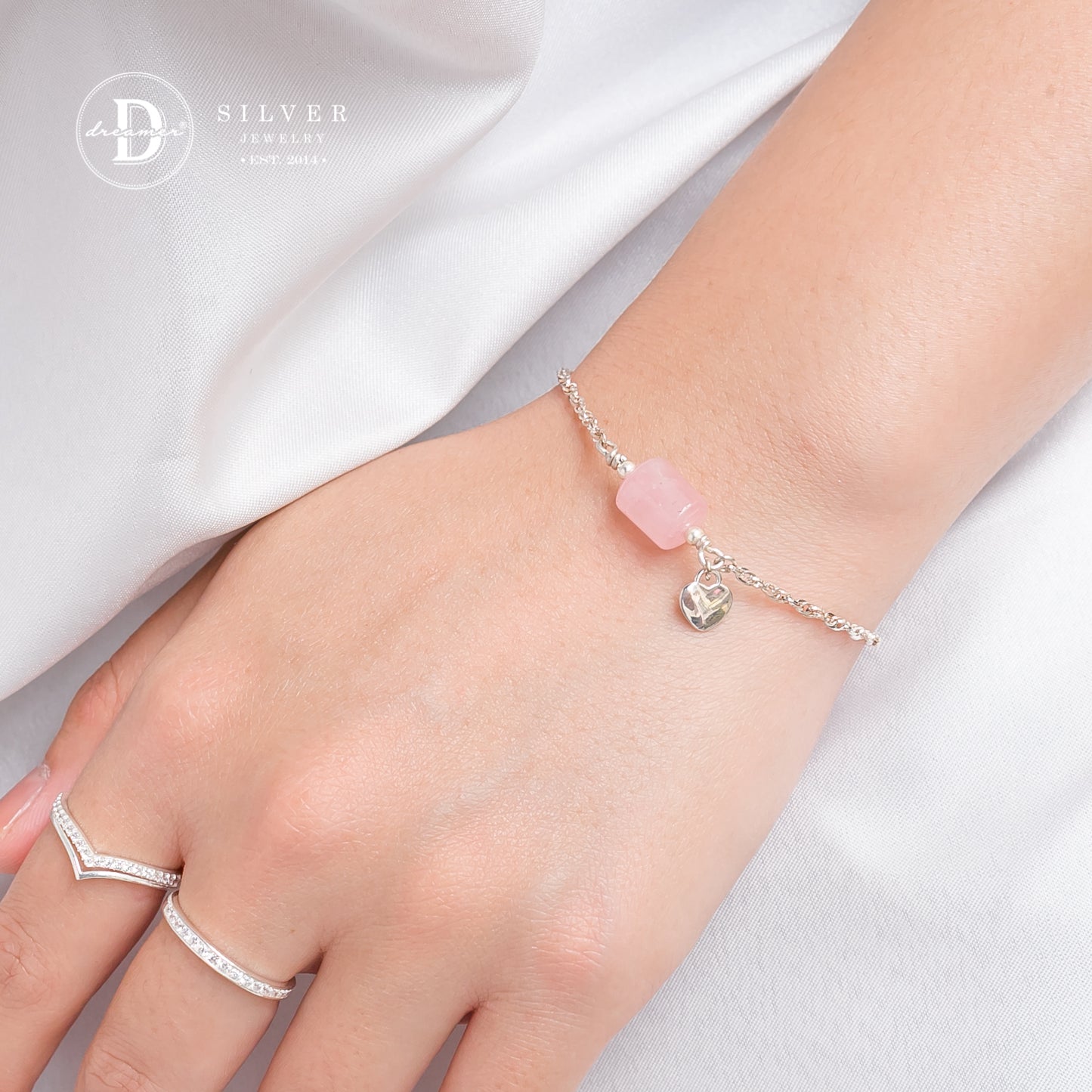 Lắc Tay Bạc 925 Lu Thống Đá Thạch Anh Hồng & Charm Trái Tim - Rose Quartz Gemstone Sterling Silver Bracelet