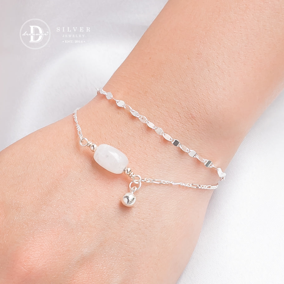 Lắc Tay Bạc 925 Đá Moonstone Kiểu Layer 2 Dây - Moonstone Gemstone Sterling Silver Bracelet