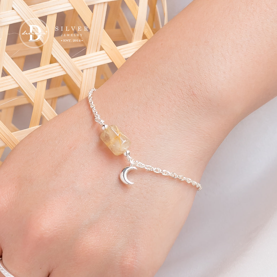 Lắc Tay Bạc 925 Lu Thống Đá Thạch Anh Tóc Vàng & Charm Mặt Trăng - Yellow Quartz Gemstone Sterling Silver Bracelet