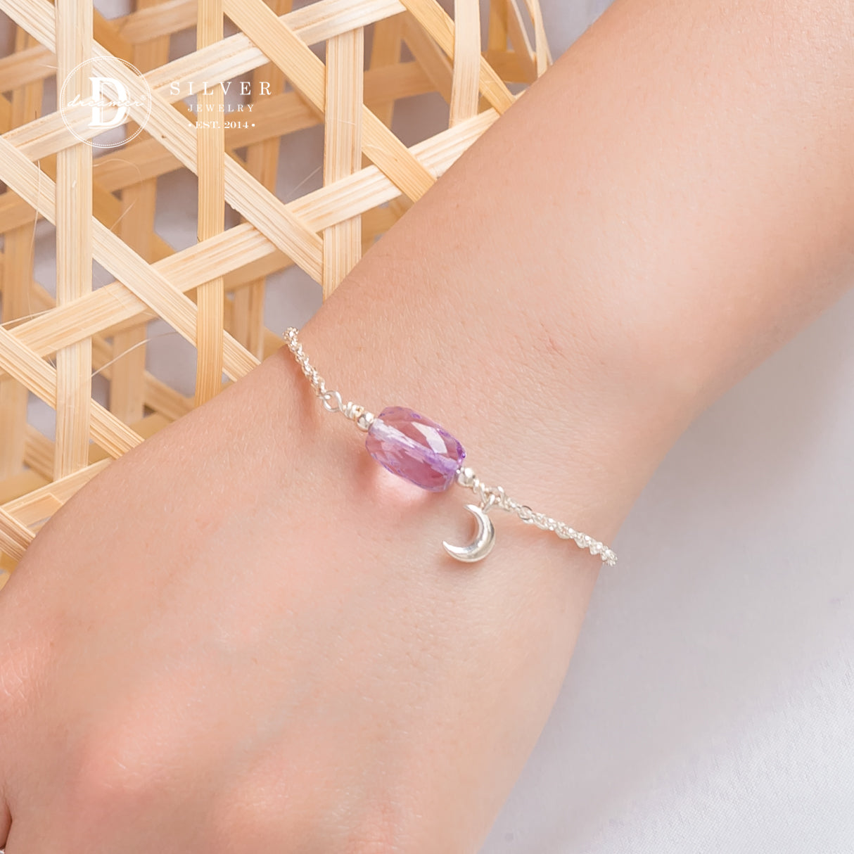 Lắc Tay Bạc 925 Đá Thạch Anh Tím & Charm Mặt Trăng - Amethyst Gemstone Sterling Silver Bracelet