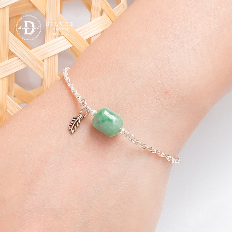 Lắc Tay Bạc 925 Đá Cẩm Thạch & Charm Lá - Green Gemstone Sterling Silver Bracelet