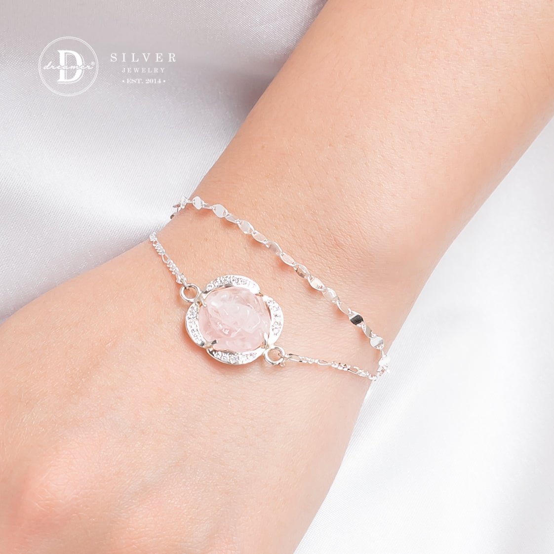 Lắc Tay Bạc 925 Đá Thạch Anh Hồng Chạm Kiểu Hoa Mẫu Đơn Viền Bạc Đính Đá - Rose Quartz Gemstone Sterling Silver Bracelet